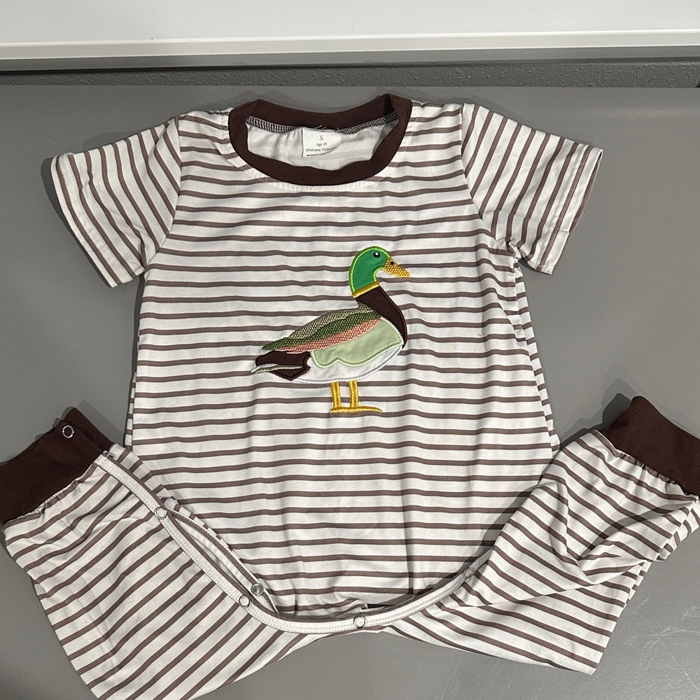 Striped Brown & White Kids One-Piece Pajama with Duck Appliqué